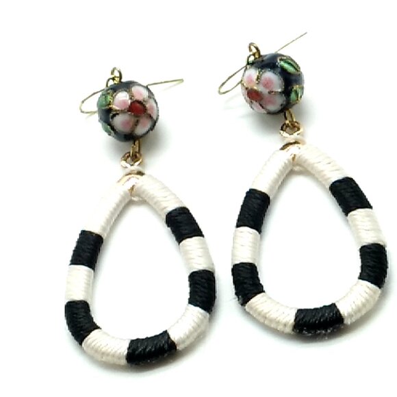 Black White Striped Hollow Waterdrop Faceted Ball Statement Earrings 2.75" - Picture 2 of 9